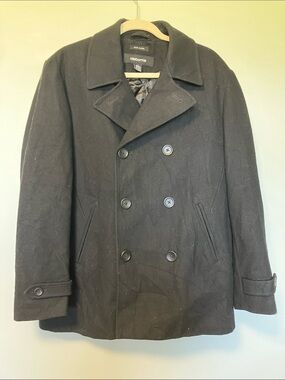 Claiborne Men's Black Double-Breasted Pea Coat with Quilted Lining